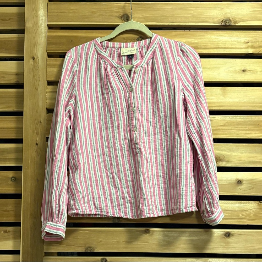 100% Cotton Double Gauze Pink, White, and Blue Striped Popover Shirt